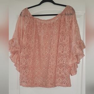 Cato (NWOT) Pink Floral Crochet & Embroidered Flutter Sleeve Top Size XL